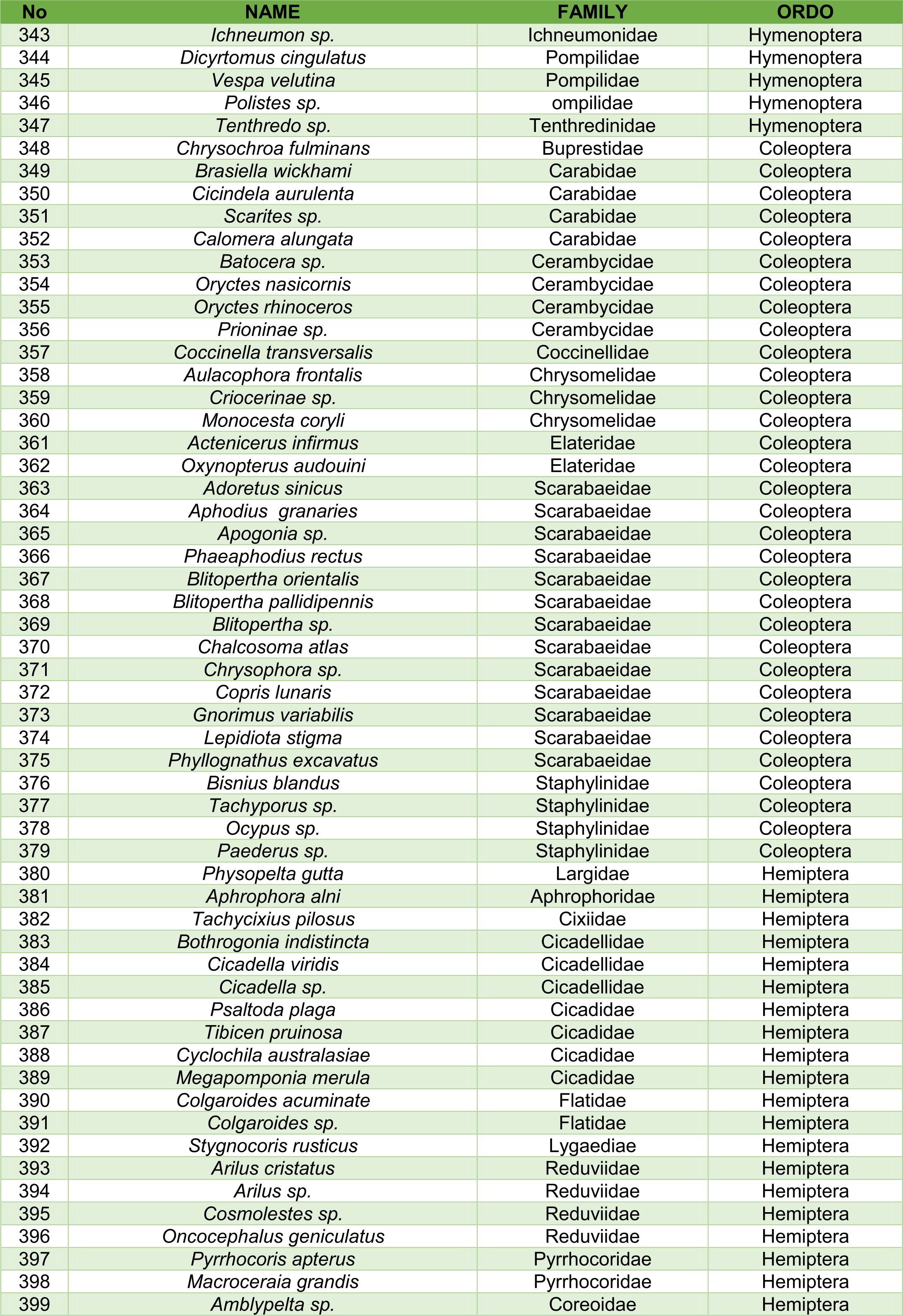 Complete list of insect species in Badak LNG Conservation Forest